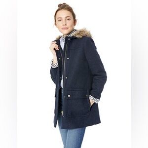 J. CREW Vail Parka Coat Navy Hooded Coat with Faux Fur Trim Size 2 Wool Blend